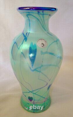 DAVE FETTY Fenton Willow Green Iridescent Glass COBALT HANGING HEART VASE