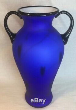 Fenton Art Glass Dave Fetty Hanging Hearts On Cobalt Satin Vase LIMITED EDITION