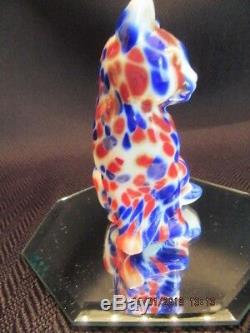 Fenton Art Glass Hand Blown Dave Fetty Red, White & Blue Cat Signed By Dave