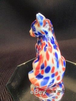 Fenton Art Glass Hand Blown Dave Fetty Red, White & Blue Cat Signed By Dave