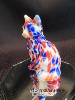 Fenton Art Glass Hand Blown Dave Fetty Red, White & Blue Cat Signed By Dave