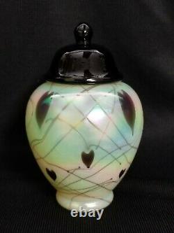 Fenton Dave Fetty Topaz Iridescent Hanging Hearts small Ginger Jar Mint