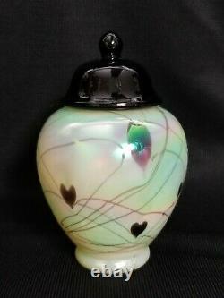 Fenton Dave Fetty Topaz Iridescent Hanging Hearts small Ginger Jar Mint