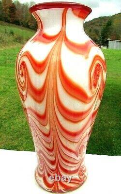 Fenton Glass 2005 Dave Fetty OOAK Ruby/Milk Bubble Pulled Feather Vase 9.5H