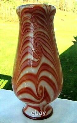 Fenton Glass 2005 Dave Fetty OOAK Ruby/Milk Bubble Pulled Feather Vase 9.5H
