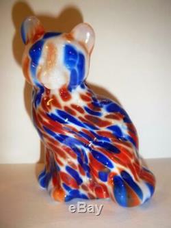 Fenton Glass Dave Fetty Red White & Blue Patriotic Hollow Blown Sitting Cat GSE