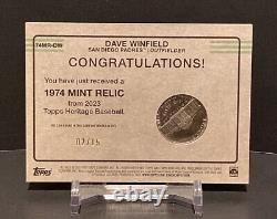 2023 Topps Heritage DAVE WINFIELD 1974 Pièce de monnaie Nickel Menthe Relique #2/15 PADRES