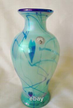 Dave Fetty Fenton Willow Green Iridescent Glass Cobalt Hanging Heart Vase