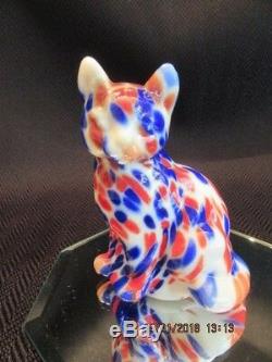 Fenton Art Glass Soufflé À La Bouche Dave Fetty Red, White & Blue Cat Dave Signé Par
