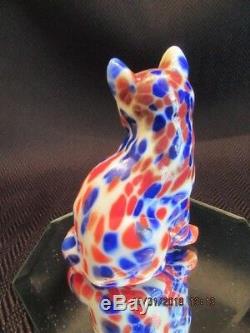 Fenton Art Glass Soufflé À La Bouche Dave Fetty Red, White & Blue Cat Dave Signé Par